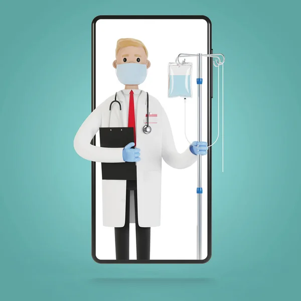 Doctor with a dropper in the smartphone screen. Toxicology, intoxication, decontamination. Online doctor. 3D illustration in cartoon style.