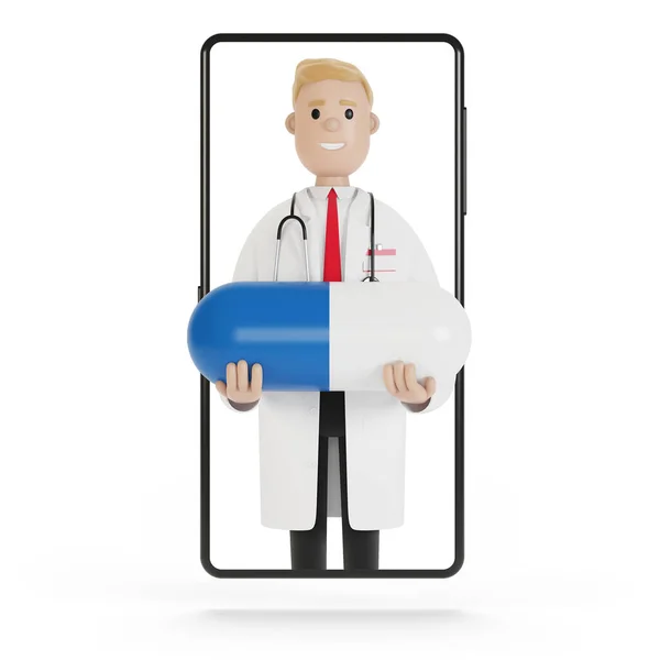Αρσενικό Γιατρό Ένα Μεγάλο Μπλε Δισκίο Στην Οθόνη Smartphone Εικονογράφηση — Φωτογραφία Αρχείου