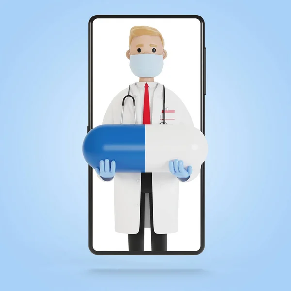 Αρσενικό Γιατρό Ένα Μεγάλο Μπλε Δισκίο Στην Οθόνη Smartphone Εικονογράφηση — Φωτογραφία Αρχείου