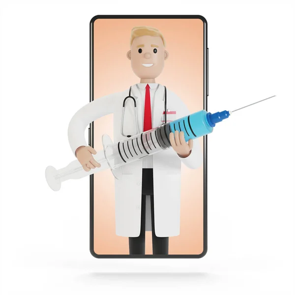 Mužský Lékař Velkou Injekční Stříkačkou Displeji Chytrého Telefonu Ilustrace Kresleném — Stock fotografie