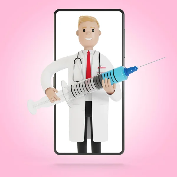 Male doctor with a large syringe in the smartphone screen. 3D illustration in cartoon style.