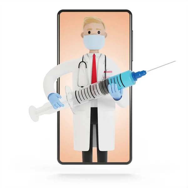 Male Doctor Large Syringe Smartphone Screen Illustration Cartoon Style — Stock Photo, Image