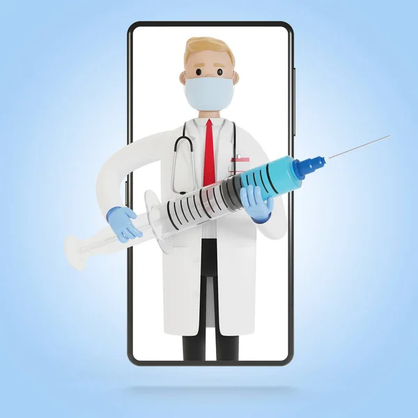 Médico Masculino Con Una Jeringa Grande Pantalla Del Smartphone Ilustración — Foto de Stock