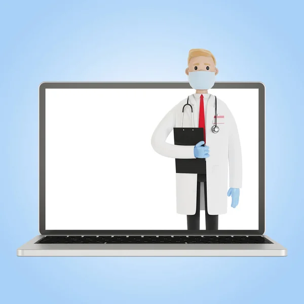 Laptop screen with male doctor. Online health insurance concept. The doctor holds the contract. 3D illustration in cartoon style.