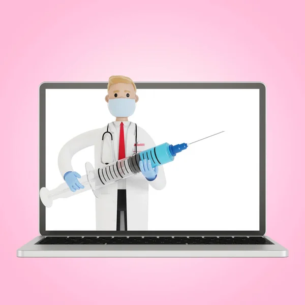 Male doctor with a big syringe in the laptop screen. 3D illustration in cartoon style.