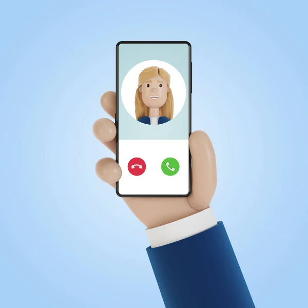 Incoming call on the smartphone screen. Service call. 3D illustration in cartoon style.