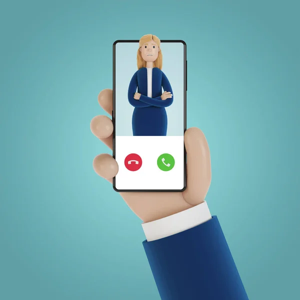 Incoming call on the smartphone screen. Service call. 3D illustration in cartoon style.