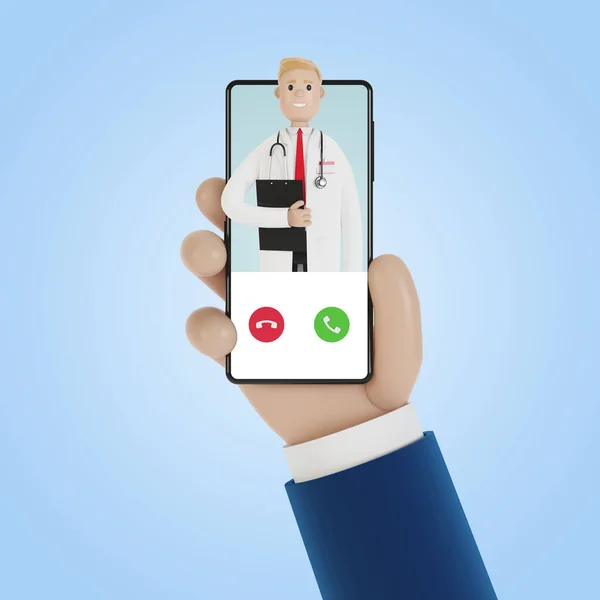 Incoming call from a doctor on a smartphone screen. Service call. Online medicine concept. 3D illustration in cartoon style.