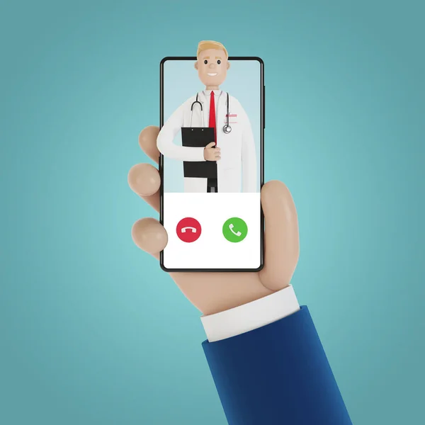 Incoming call from a doctor on a smartphone screen. Service call. Online medicine concept. 3D illustration in cartoon style.