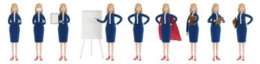 Business Woman karakteri farklı pozlarda. İş elbiseli bir kadın, bir şirket çalışanı. Çizgi film tarzında 3B illüstrasyon.