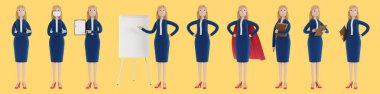 Business Woman karakteri farklı pozlarda. İş elbiseli bir kadın, bir şirket çalışanı. Çizgi film tarzında 3B illüstrasyon.