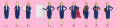 Business Woman karakteri farklı pozlarda. İş elbiseli bir kadın, bir şirket çalışanı. Çizgi film tarzında 3B illüstrasyon.