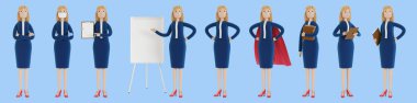 Business Woman karakteri farklı pozlarda. İş elbiseli bir kadın, bir şirket çalışanı. Çizgi film tarzında 3B illüstrasyon.