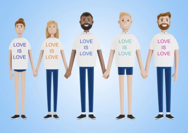 Farklı milletlerden mutlu insanlar el ele tutuşuyor. LGBT topluluğu. Bir grup eşcinsel, lezbiyen, biseksüel ve transseksüel eylemci. Çizgi film tarzında 3B illüstrasyon.