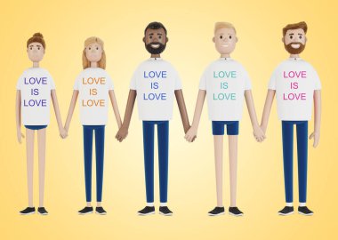 Farklı milletlerden mutlu insanlar el ele tutuşuyor. LGBT topluluğu. Bir grup eşcinsel, lezbiyen, biseksüel ve transseksüel eylemci. Çizgi film tarzında 3B illüstrasyon.