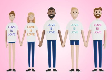 Farklı milletlerden mutlu insanlar el ele tutuşuyor. LGBT topluluğu. Bir grup eşcinsel, lezbiyen, biseksüel ve transseksüel eylemci. Çizgi film tarzında 3B illüstrasyon.