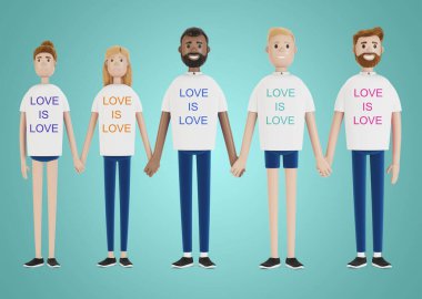 Farklı milletlerden mutlu insanlar el ele tutuşuyor. LGBT topluluğu. Bir grup eşcinsel, lezbiyen, biseksüel ve transseksüel eylemci. Çizgi film tarzında 3B illüstrasyon.