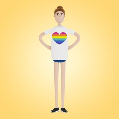 LGBT tişörtlü kız. LGBT topluluğu. Çizgi film tarzında 3B illüstrasyon.