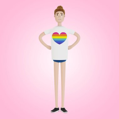 LGBT tişörtlü kız. LGBT topluluğu. Çizgi film tarzında 3B illüstrasyon.