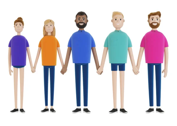国籍の異なる人たちが手を取り合っています 友情の概念 漫画風の3Dイラスト — ストック写真
