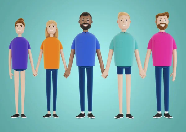 A group of people of different nationalities hold hands. Friendship concept. 3D illustration in cartoon style.