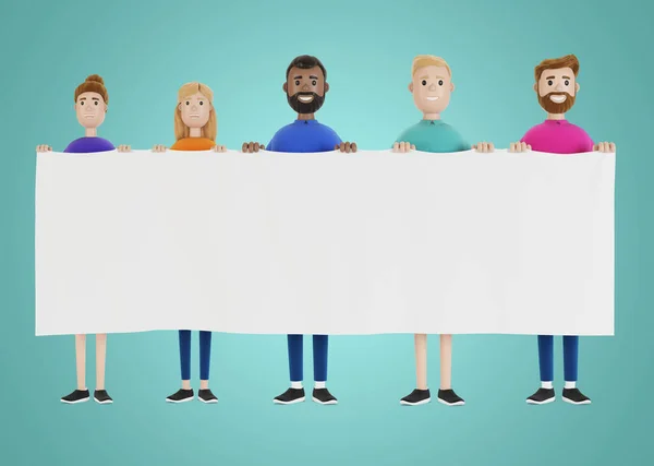 Group of people holding a blank banner. 3D illustration in cartoon style.
