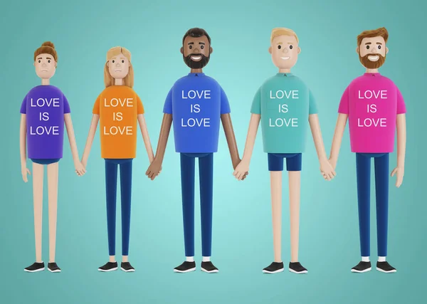 Happy people of different nationalities holding hands. LGBT community. A group of gay, lesbian, bisexual and transgender activists. 3D illustration in cartoon style.