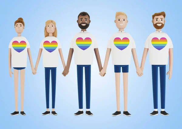 Happy people of different nationalities holding hands. LGBT community. A group of gay, lesbian, bisexual and transgender activists. 3D illustration in cartoon style.