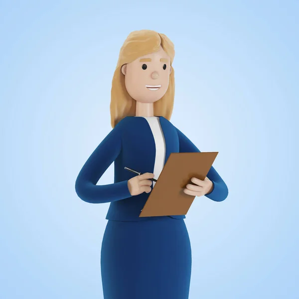 実業家はその書類に署名する ビジネス服の女性 会社の従業員 漫画風の3Dイラスト — ストック写真