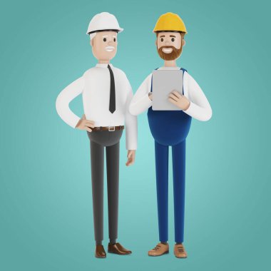 Sert şapkalı iki mühendis bir tablet kullanarak bir projeyi tartışıyor. Çizgi film tarzında 3B illüstrasyon.