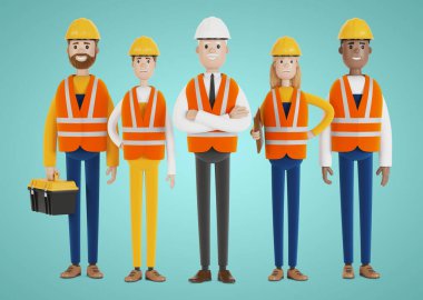 Endüstriyel işçiler Güvenlik yelekleri ve kasklar takan bir müteahhit takımı. Çizgi film tarzında 3B illüstrasyon.