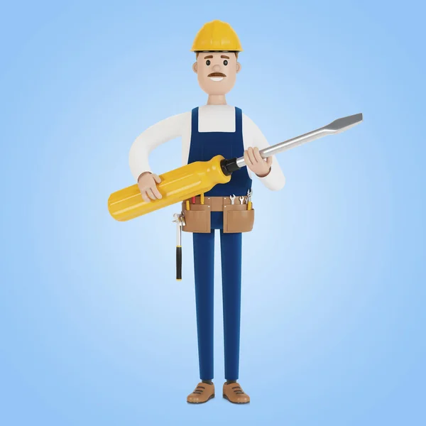 Electrician Builder Large Screwdriver His Hands Illustration Cartoon Style — Stock Photo, Image