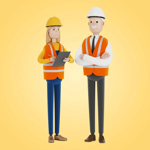 Quality control, production inspection. A civil engineer tells a female inspector about the work done. 3D illustration in cartoon style.