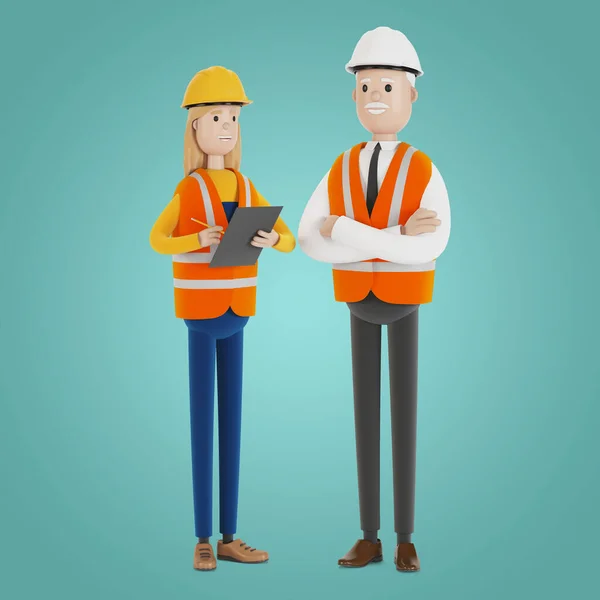 Quality control, production inspection. A civil engineer tells a female inspector about the work done. 3D illustration in cartoon style.