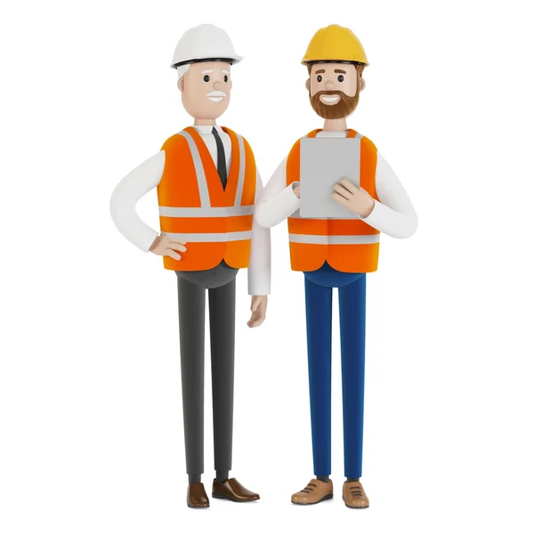 Two Engineers Hard Hats Discuss Project Using Tablet Illustration Cartoon — Stock Photo, Image