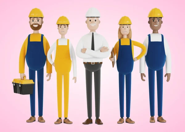 工業労働者 建設チーム エンジニア 技術者 様々な職業の労働者 漫画風の3Dイラスト — ストック写真