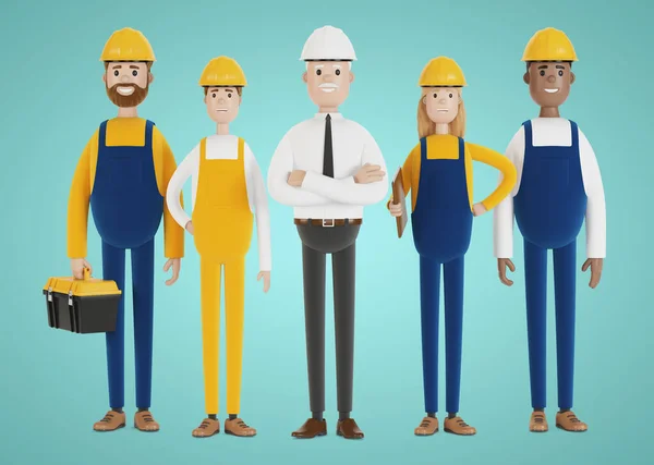 Industrial workers. Construction team. Engineer, technician and workers of various professions. 3D illustration in cartoon style.