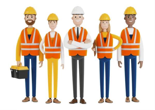 Trabalhadores Industriais Uma Equipe Construtores Usando Coletes Segurança Chapéus Duros — Fotografia de Stock
