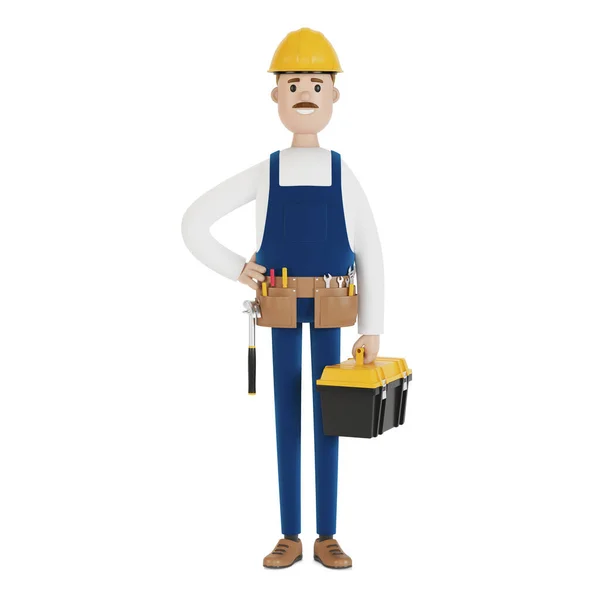 一个戴着硬礼帽和工具箱的建筑商建筑工人 卡通风格的3D插图 — 图库照片
