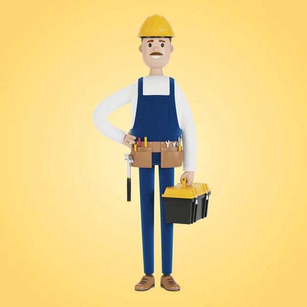 一个戴着硬礼帽和工具箱的建筑商建筑工人 卡通风格的3D插图 — 图库照片