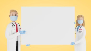 Doktorlar. Tıbbi uzmanlar ellerinde boş poster tutan kadın ve erkek. Çizgi film tarzında 3B illüstrasyon.