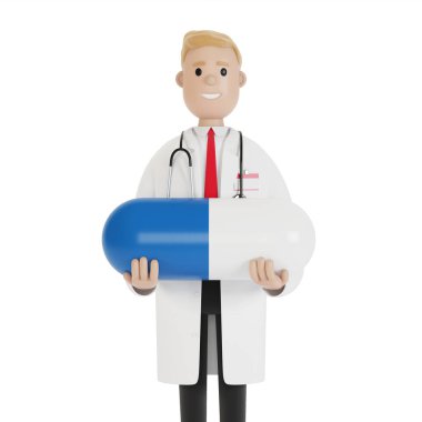 Elinde büyük mavi bir hap olan erkek doktor. Çizgi film tarzında 3B illüstrasyon.