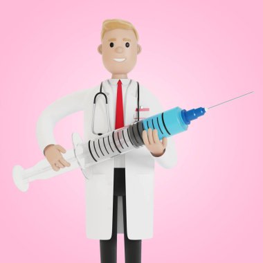 Bir doktorun elinde şırınga. Ambulans çağırın. Grip aşısı. Sağlık sigortası konsepti. Çizgi film tarzında 3B illüstrasyon.