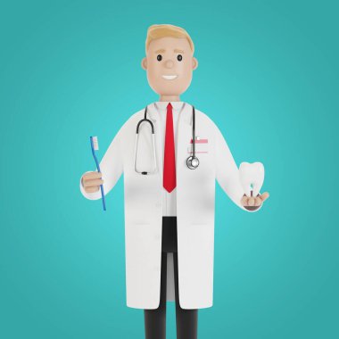 Elinde diş fırçası ve dişi olan bir doktor. Diş tedavisi ve ağız hijyeni. Çizgi film tarzında 3B illüstrasyon.