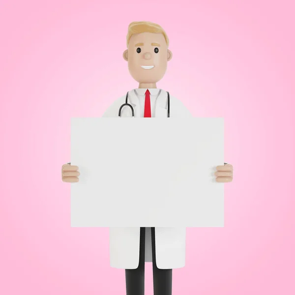 Ιατρικός Ειδικός Κρατάει Λευκή Αφίσα Εικονογράφηση Στυλ Κινουμένων Σχεδίων — Φωτογραφία Αρχείου