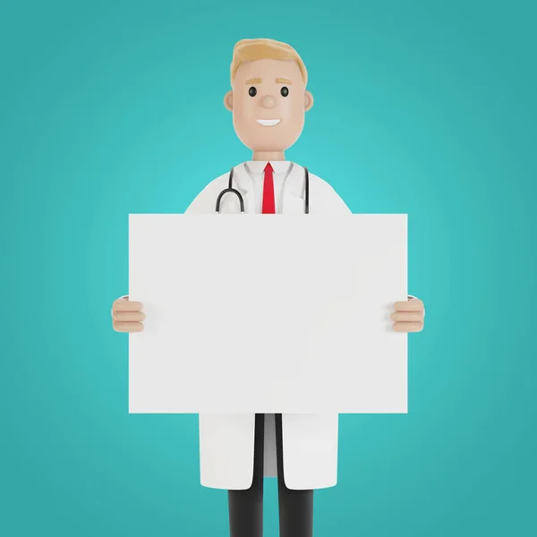 Medical specialist holding a blank poster. 3D illustration in cartoon style.