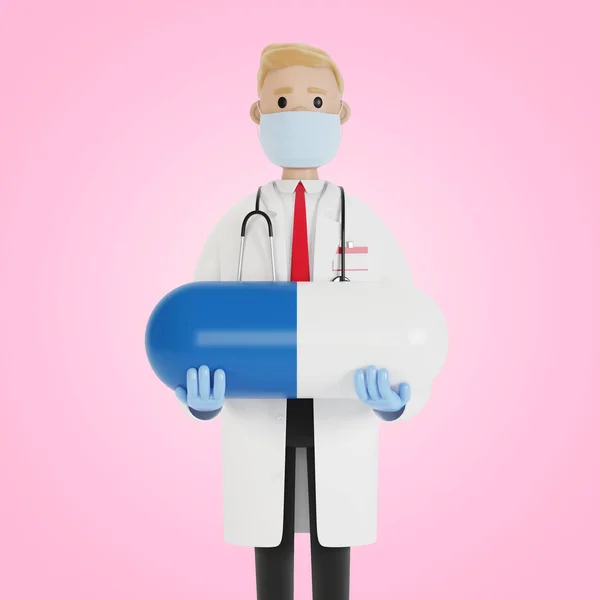 Männlicher Arzt Mit Einer Großen Blauen Pille Den Händen Illustration — Stockfoto