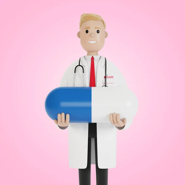 青い錠剤を手にした男性医師 漫画風の3Dイラスト — ストック写真