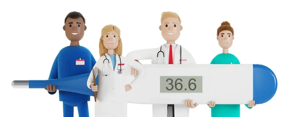 一群医务工作者拿着温度计 主治医生和医学专家 卡通风格的3D插图 — 图库照片