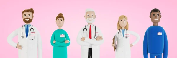 Doctors. A group of medical workers. Chief physician and medical specialists. 3D illustration in cartoon style.